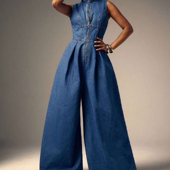 Medium Wash Casual Women's Sleeveless Zip Front Wide Leg Denim Jumpsuit